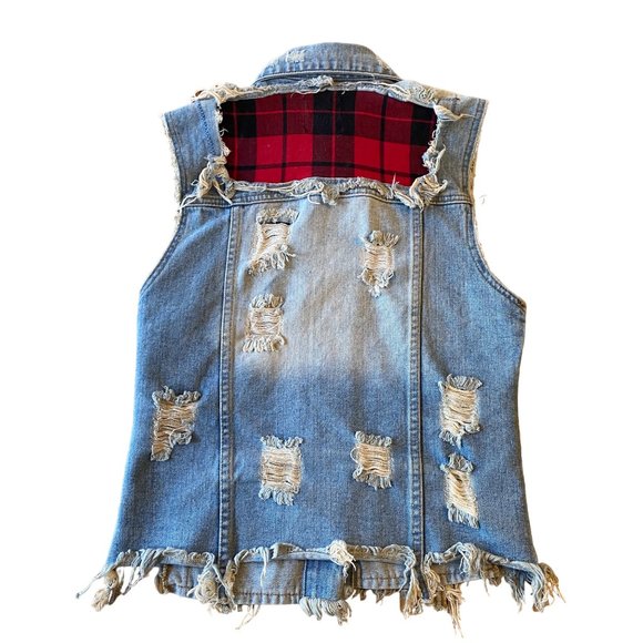 Unif Distressed Shredded Grunge Fringe Denim Festival Rodeo Vest Plaid Patches-S - Picture 12 of 16